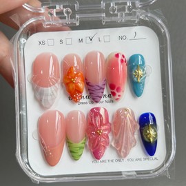 MAGLFELL Press On Nails - Handmade Unique Medium Almond Fake Nails, Thick Acrylic and Muti-Layer Gel False Nails, Reusable Gel Cured Sturdier 3D Fake Nails, DIY Art Decorate with Set