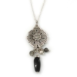 Vintage Inspired Flower and Charms Pendant with Silver Tone Chain - 38cm Length/ 8cm Extension