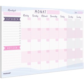 PACKLIST Monthly planner pad A4 without fixed date. Organiser, Family Planner with Monthly Goal, To-Do List, Notes, Large Note Field, Calendar with Eco Packaging