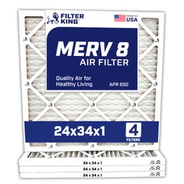 Filter King 24x34x1 Air Filter | 4-PACK | MERV 8 HVAC Pleated A/C Furnace Filters | MADE IN USA | Actual Size: 24 x 34 x .75"