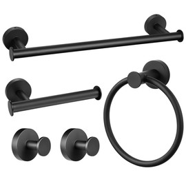 (5 Pieces) Matte Black Bathroom Hardware Set SUS304 Stainless Steel Towel Holder Set Include 16 inch Bath Towel Bar Toilet Paper Holder 2 Round Towel Hooks Towel Ring for Bathroom Accessory Set