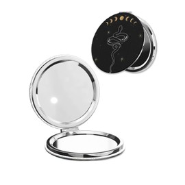 LOPIOIO Compact Pocket Mirror, 1X/2X Magnifying Round Mirror for Girls Women, Portable Pu Leather Makeup Mirror for Handbag, Purse, Travel - Moon Phase Snake