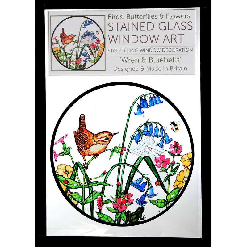 Static Window Cling in a Wren in Bluebells Design.