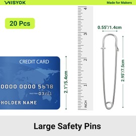 WISYOK Extra Large Safety Pins Heavy Duty, 20 Pack 3 Inch Silver Safety Pins for Blankets Rug Corners, Thick Fabric & Crafts