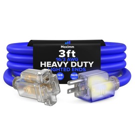 Maximm 3 Feet Blue Extension Cord – 16 AWG, 3-Prong Grounded, Lighted End, Heavy Duty Indoor/Outdoor Power Cable, ETL Listed