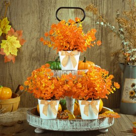 Jexine 3 Set Fall Farmhouse Tiered Tray Decor Artificial Flowers Thanksgiving Mini Potted Decor Plant Decor Items for Tiered Trays Farmhouse Artificial Plants Small Eucalyptus Decor for Home Decor