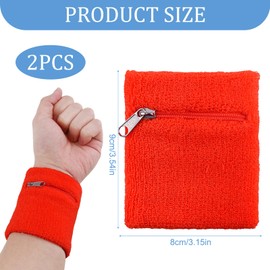 2 Pcs Schweißband mit Reißverschluss, Sweatband Sports Wristband, Schweißband mit Tasche,Thickened Cotton Wrist Bag, Schweißband Handgelenk mit Reißverschluss für Basketball Fußball & Fitness, Rot