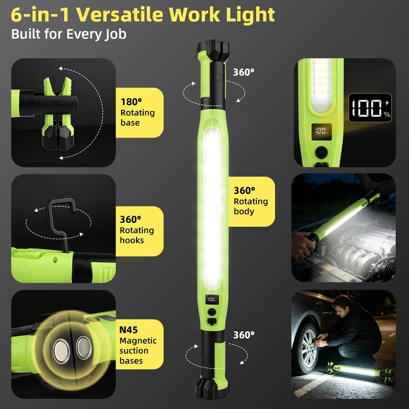 2 Pack Rechargeable LED Work Light, 3000LM Portable Mechanic Light