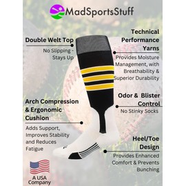 MadSportsStuff Baseball Stirrup Socks 3 Stripe (Black/Gold/White, Medium)