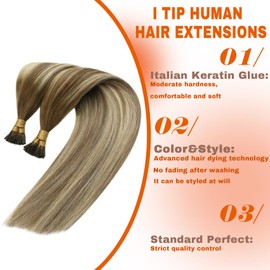 Sunny I Tip Hair Extensions Brown Ombre I Tips Human Hair Extensions Balayage Medium Brown Ombre Platinum Blonde ITips Real Hair Extensions Ombre Itips Natural Hair Extensions 14inch 50g