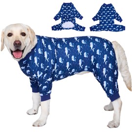 LovinPet Large Dog Outfit, Dog Onesie for Surgery, Large Breed Dog Pajamas, Lightweight Navy Whale Print, Pet Pajamas for Dogs, UV Protection Shirt for Dogs, Pitbull Clothes, Blue, 3XL