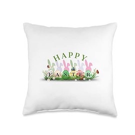 The Easter Shop Happy Easter Bunnies Eggs Flowers Pastel Butterfly Throw Pillow, 16x16, Multicolor