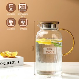 2 PACK Glass Pitcher with Lid and Handle,68 oz/ 2 Liter Vertical Stripes Water Pitcher,Glass Water Carafe for Fridge,Hand Blown Heat Resistant Borosilicate Water Jug for Hot/Cold Drinks,Gifts for Mom