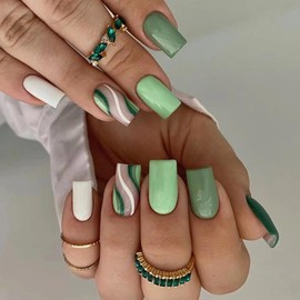 MISUD Press on Nails Short Square Fake Nails Glossy Glue on Nails Spring Acrylic Nails Squoval Artificial Nails Green White Swirl Stick on False Nails with Design 24 pcs