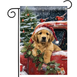 Morigins Cute Dog with Christmas Hat Garden Flag Red Truck Xmas Winter Holiday Yard Outdoor Decorative House Flag 12.5" ×18"