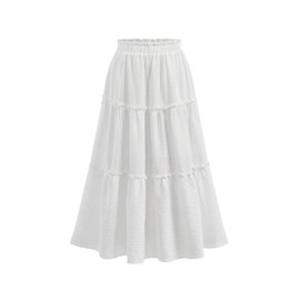 SHENHE Girl's Tiered Flowy Maxi Skirt Elastic Waist Ruffle A Line Vacation Long Skirts White 14Y