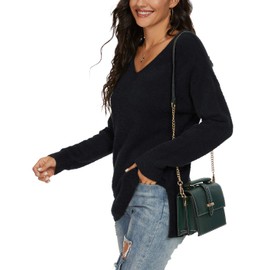 QIXING Women's Casual V-Neck Long Sleeves Side Split Loose Fit Fuzzy Knit Pullover Sweater Tops Black-Medium