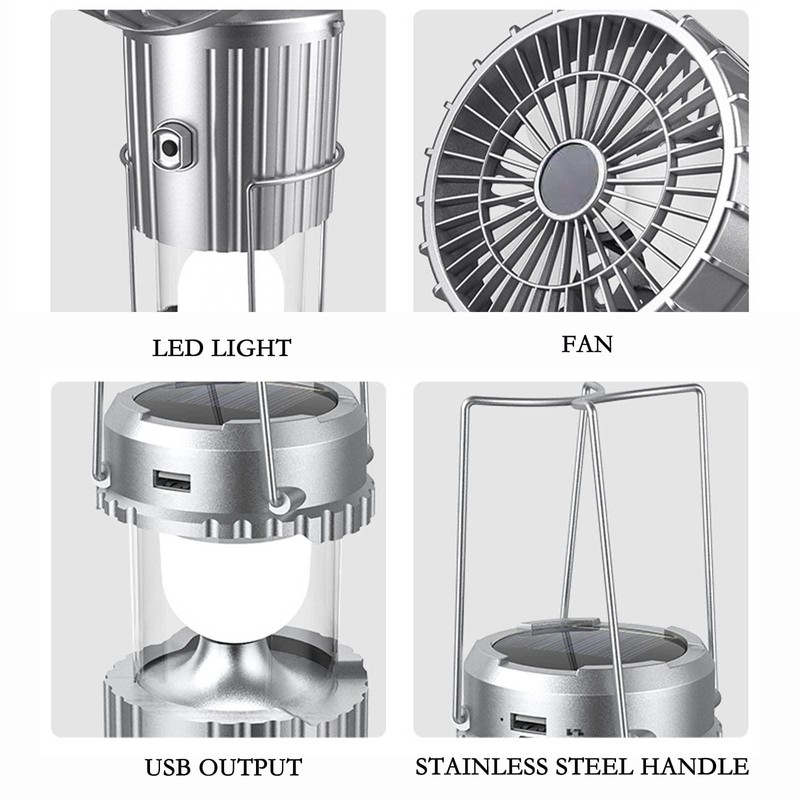 Camping Lantern with Fan, Flashlight Lantern Collapsible-USB Rechargeable, Solar &