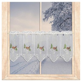 High Quality Embroidered Winter and Christmas Window Curtain Winter Deer Made of Plauen Lace in 2 Heights (Height x Width: 30 x 80 cm)