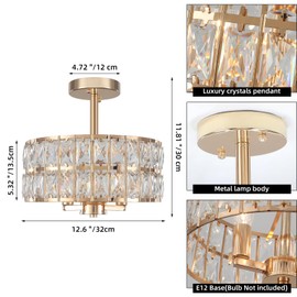 12.6” Rose Gold Semi Flush Mount Ceiling Light Fixture,Modern Crystal Chandelier 3 Lights Close to Ceiling Light Fixtures Drum Round Chandelier for Bedroom Foyer Entryway Hallway Dining Room Kitchen