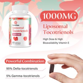 Liposomal Tocotrienols Supplement 1000mg, Vitamin E, High Bioavailability, 95% Delta & 5% Gamma Tocotrienol Capsules, for Immune, Bone, Skin, and Antioxidant Support, No Fillers, No Soy