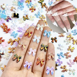 120PCS Plating Bow Nail Charms 3D Cute Bow Nail Gems for Acrylic Nails Mixed Colorful Flatback Nail Rhinestones Shiny Aurora Nail Jewelry Cartoon Resin Nail Diamonds for Women Manicure Decorations