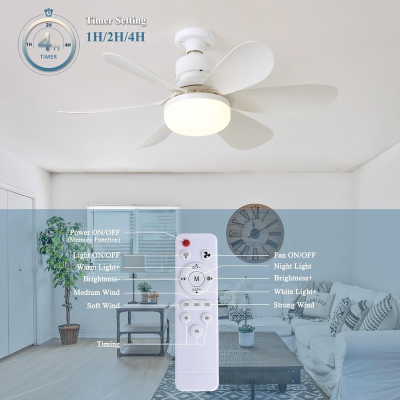 Socket Fan Light with 6 Blades, 3 Color Dimmable &