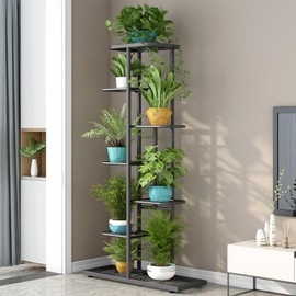 LINZINAR Plant Stand Metal 7 Tier 8 Potted Multiple Flower Pot Holder Shelf Indoor Outdoor Planter Display Shelving Unit for Patio Garden Corner Balcony Living Room, DarkGrey