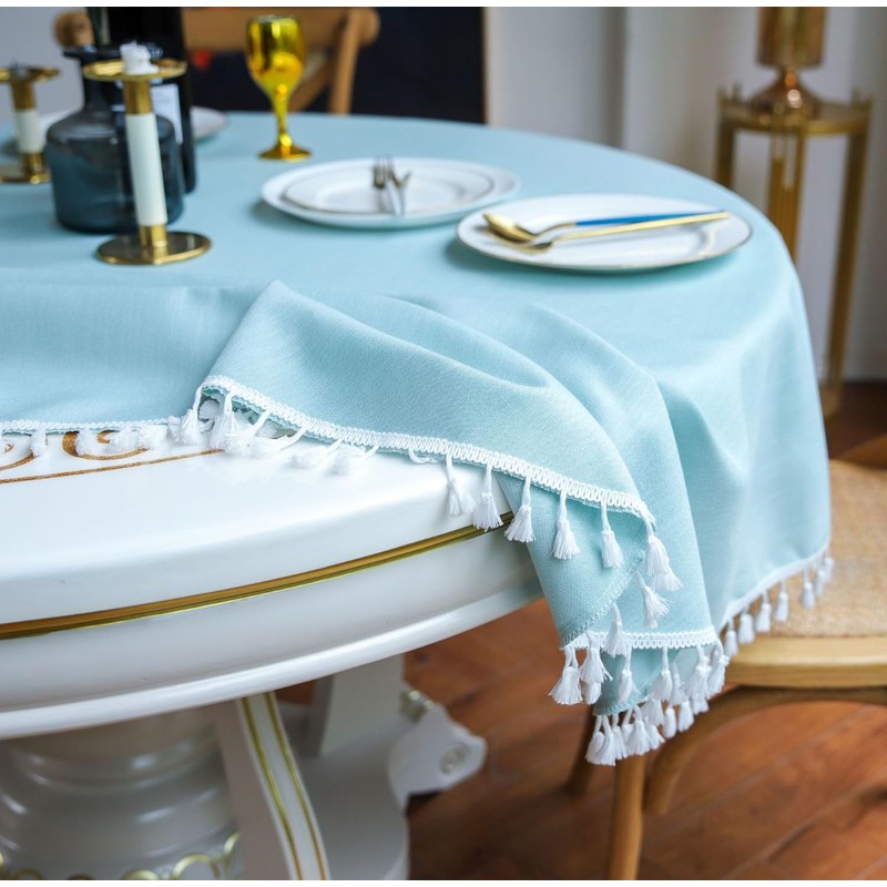 GOEXCPL Round Cotton and Linen Tablecloth with Fringes, Blue-Green Diameter