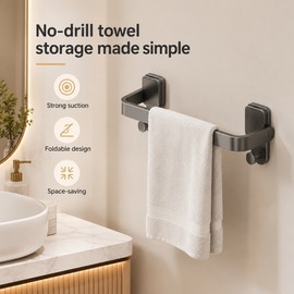 No-Drill Suction Cup Towel Bar for Bathrooms – Folding Aluminum Wall Rack for Apartments & Small Spaces