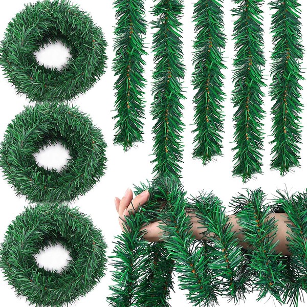 Noverlife 54Ft Christmas Artificial Pine Garlands, 3 Strands Soft Xmas Greenery Pine Garland for Mantel Stair Fireplace, Faux Christmas Pine Tinsel Garland for Holiday Wedding Party Home Garden Decor