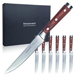 Hausavant Steak Knives Set of 6, German High Carbon Stainless Steel Steak Knives, 4.8 Inch Serrated Steak Knife with Wood and Steel Handle, Dinner Knives Set with Gift Box