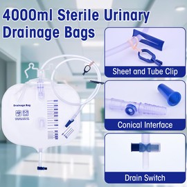 4000ml Urinary Drainage Bag, 10 Pack Catheter Bags for Women and Men, Professional High Capacity Urinary Drainage Bags with Anti-Reflux Chamber,50” Drainage Tube, Adjustable Clips & Hanging Hook