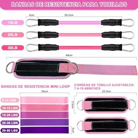 11PCS Bandas de Resistencia, Grilletes para Tobillo Gym Mujer,3 Ligas de Resistencia,2 Tobilleras,5 Correas de Yoga Elásticas,para Levantamiento de Gl
