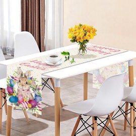 SEAHUI Happy Easter Rabbit Table Runner Easter Egg Wreath Table Cover Linen Tablecloth Decor for Easter Party Kitchen Room Home Dinning Table Decoration 180x35cm