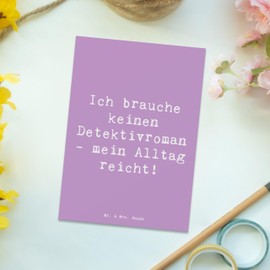 Mr. & Mrs. Panda Postcard with German Text "Ich brauche keinen Detektivroman - mein Alltag reich!" [German Language] Gift, Postcards, Invitation, Work Life, Work
