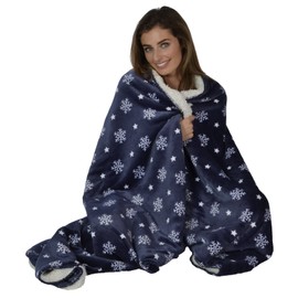 Micro-Pro Navy Snowflake Sherpa Lined Fleece Blanket Throw Cosy Soft 130 x 160cm Sofa Home