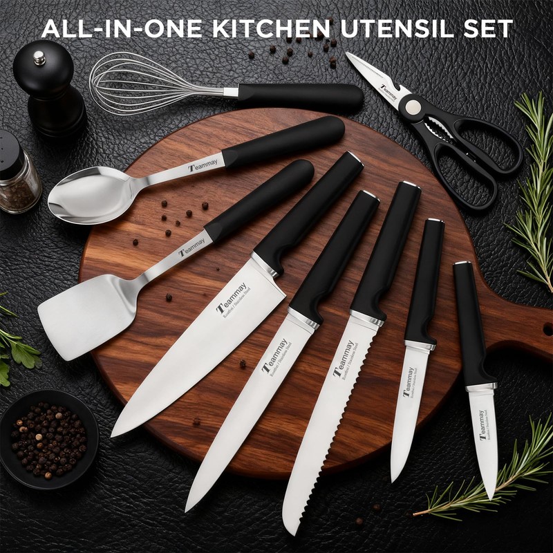 10-Piece Kitchen Knife Set with Metal Block, Black