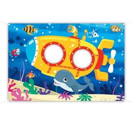 Cartoon Underwater World Backdrop 5 x 3.3 ft, Submarine Face in Hole Selfie Photo Prop, Seabed Whale Photography Background, Undersea Submarine Birthday Party Decoration Kids Face Cutout Photo Props