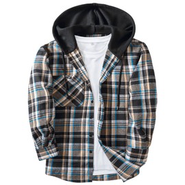 Mens Flannel Hoodie Shirts Long Sleeve Fashion Plaid Jackets Button Down Shirts with Pocket