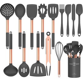 Silicone Cooking Utensil Set, Umite Chef Kitchen Utensils 15pcs Cooking Utensils Set Non-stick Silicone Rose Gold Handle Cooking Tools Whisk Kitchen Tools Set -Grey