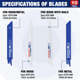 WORKPRO Reciprocating Saw Blades Set of 10 BIM & HCS, Saw Blades for Cutting Metal, Wood, Wood with Nails, Plastic, with Storage Bag, Compatible with Standard Reciprocating Saws