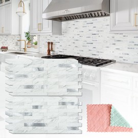 StyloVue StyloVue 20 Sheets Peel and Stick Backsplash for Kitchen, White Marble with Metal Silver Look Stick on Tile Upgrade Your Kitchen Backsplash, RV, Fireplace