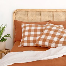 Linen World Fundas de Almohada de Lino a Cuadros Tamaño King - 20"x40" Juego de 2 con Sobre, 100% Lino Vichy Francés, Fundas de Almohada Naturales Suaves y Transpirables, Cuadros Óxido