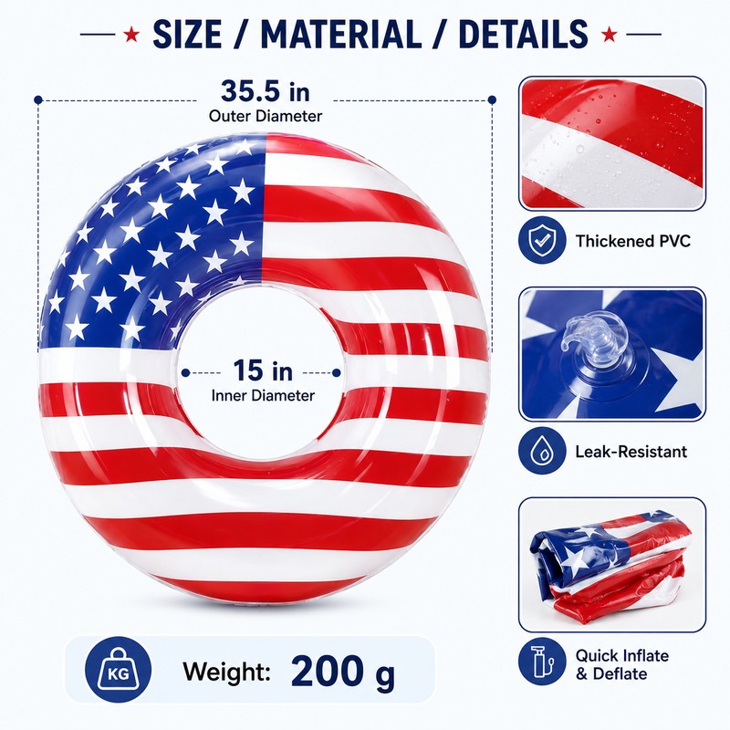 American Flag Inflatable Swim Ring for Pool Fun – 3-Pack