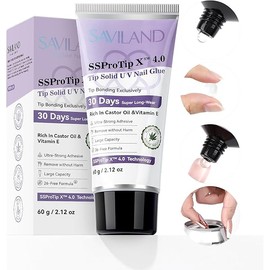 SAVILAND Solid Nail Glue Gel: 30 Days Long Lasting Strong Waterproof for Soft X Tips Extension Strong Nails Glue for Nail Tips Curing Needed Nail Gel & Fake Nails for Use Home DIY (60g)