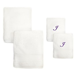 Super Soft Thick Embroidered White Turkish Cotton Bath Towel Set of 2 with Monogrammed Purple Script I | Looped Terry Cloth Finish Extra Absorbent Quick Dry Luxury Kitchen Spa Bath Hand Towel