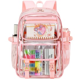AO ALI VICTORY Large Clear Backpack For Women Men Girls 16 inch Laptop School Bookbag Heavy Duty PVC Transparent Backpacks for College Work Travel See Through Back Pack for Sport Events,Stadium, Pink