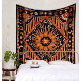 THE ART BOX Mandala Tapestry for Bedroom Wall Decor Wall Hanging Beach Blanket Bed Throw Tapisserie Hippie Room Decor Bohemian Trippy Tapestry Psychedelic, Yellow-Orange, 140 x 210 Cms