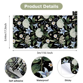 HLNIUC Dark Flower Wallpaper,Vintage Flower Self Adhesive,Floral Wallpaper for Bedroom(44x300cm) Black Botanical Floral Wall Stikcers,Wrap for Furniture Sticker Bedroom Bathroom Walls Cabinets